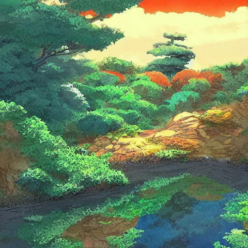 Image similar to beautiful landscape by Studio Ghibli, digital art