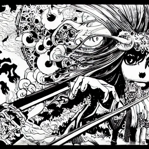 Image similar to highly detailed perspective drawing black and white goetic pen and ink manga panel by hiroya oku!! mucha illustrated sorcerer beautiful attractive long hair chris bell fxv flowing ritual royal!!! vagabond! manga panel swords dramatic esoteric!!!!!! long hair flowing dancing illustrated in high detail by frank miller, shonen jump