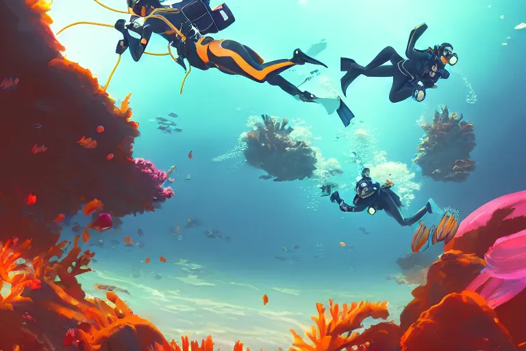 Prompt: scuba divers escaping a leviathan | hyperrealistic digital painting by makoto shinkai, ilya kuvshinov, lois van baarle, rossdraws | afrofuturism in the style of hearthstone and overwatch, trending on artstation