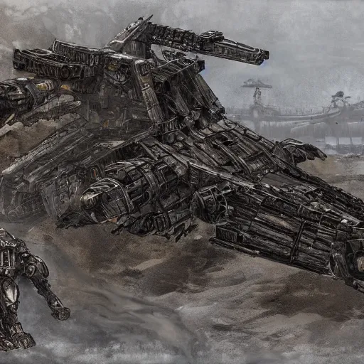 Prompt: Armored Core concept art, concept art, partially destroyed structures, 8k, sand, mecha, weapons, masterpiece