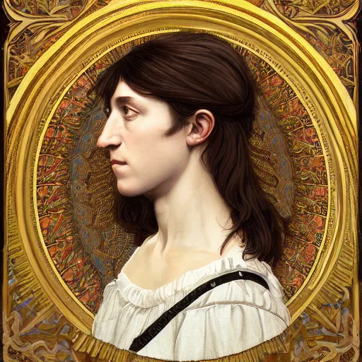 Image similar to portrait of charlotte gainsbourg as joan of arc, hyperreal digital painting, iconography influenced by alphonse mucha and eugene delacroix, arstation and deviantart trends, high resolution 8 k