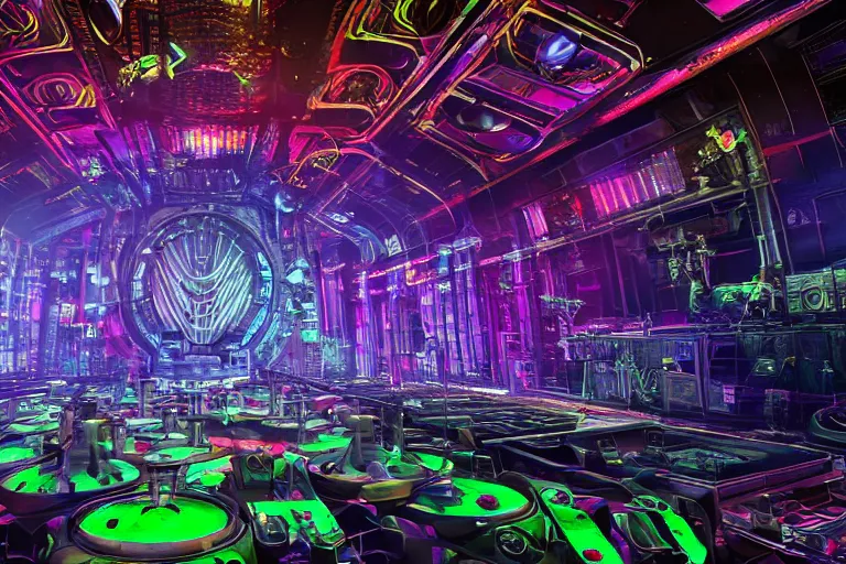 Image similar to a concert stage, tripmachine, center of the stage is a big futuristic steampunk generator surrounded by steampunk machinery with speaker towers, rock musicians on the stage, laser show, 8 k, fluorescent colors, halluzinogenic, multicolored, exaggerated detailed, unreal engine