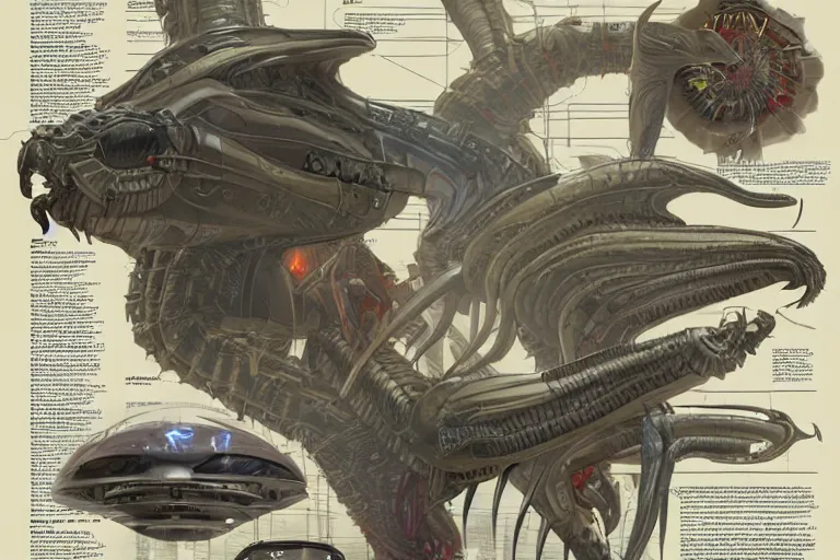 Image similar to schematic diagram of alien boss, biology, book, page, detailed, cross section, trending on artstation, cgsociety, Ralph McQuarrie and Greg Rutkowski and mobius
