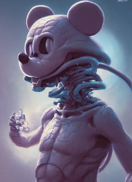 Image similar to portrait of a skeletor mickey mouse, depth of field, soft focus, highly detailed, intricate, realistic, national geographic cover, soft glow, textured, artstation, concept art, sharp focus, illustration, artgerm, greg rutkowski, earl norem