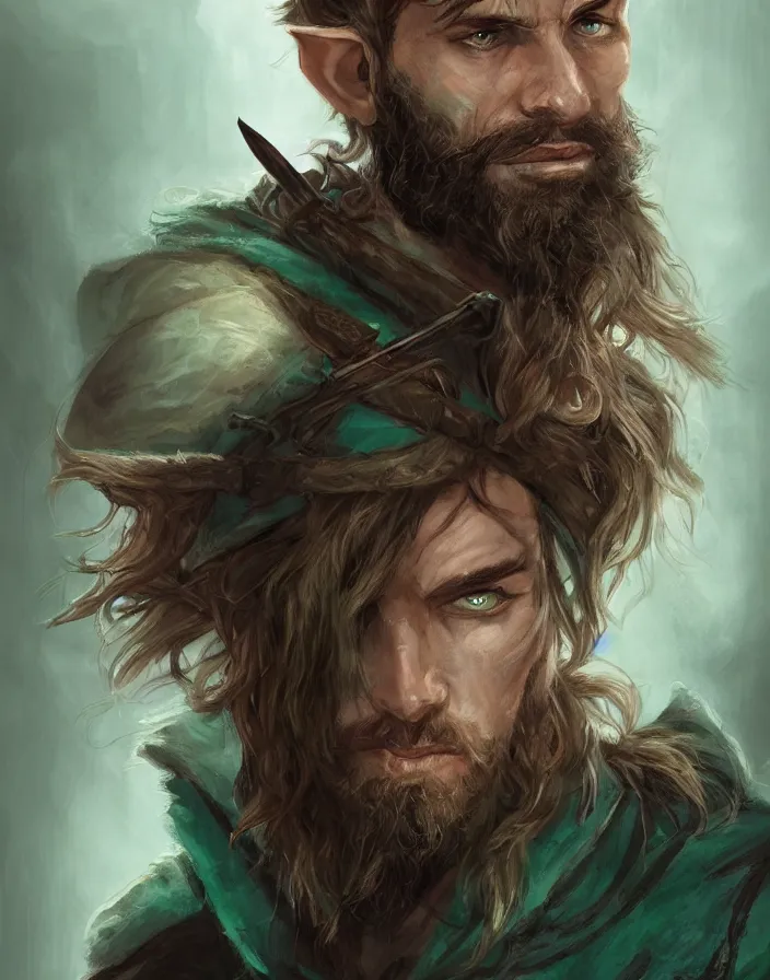 Image similar to An epic fantastic realism comic book style portrait painting of an arrogant half elf ranger with shaggy brown hair, scruffy beard, scar on face, teal tunic, D&D Concept Art, unreal 5, DAZ, trending on deviantart hyperrealistic, octane render, cosplay, RPG portrait, dynamic lighting