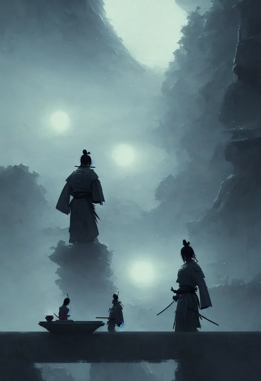 Image similar to samurai on a spaceship eating cup noodles, ultra high definition, ultra detailed, symmetry, fog, matte painting, by greg rutkowski and ross tran and wlop