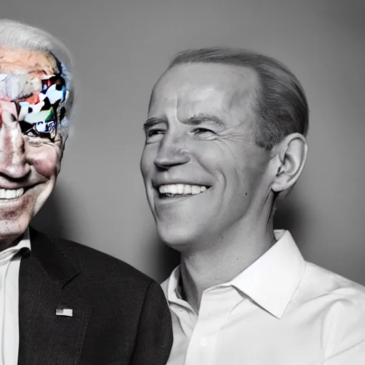 Image similar to A portrait photo of joe biden teams up with a teenage joe biden, perfect faces, 50 mm, award winning photography