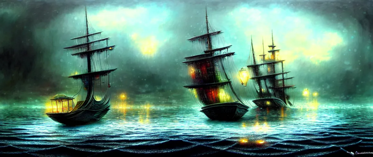 Prompt: cruising ship sailing at miniature megalopolis future, raining night at flooded miniature city, godrays, god helping mystic soul by yoshitaka amano, and artgerm, gediminas pranckevicius