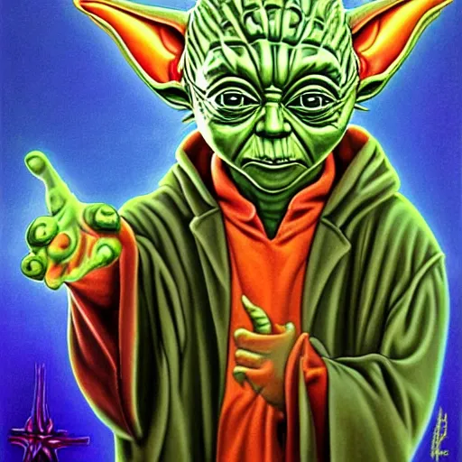 Image similar to yoda by alex grey