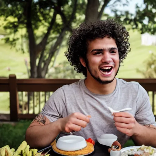 Image similar to curly haired mixed Hispanic 20 year old with a huge underbite looks in awe at a gigantic feast in front of him