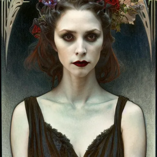 Image similar to portrait of a lady vampire, 35mm, 1920', depth of field, ominous, sharp, highly detailed, photorealistic, realistic, unreal 5, high definition, 8k, deviantart, donato giancola, irwin penn, Alphonse Mucha