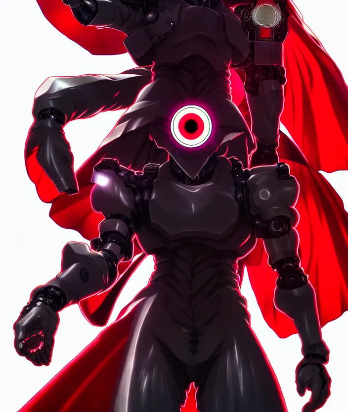 Image similar to a detailed manga illustration character full body portrait of a dark haired cyborg anime man who has a red mechanical eye and is wearing a cape, trending on artstation, digital art, 4 k resolution, detailed, high quality, sharp focus, hq artwork, insane detail, concept art, character concept, character illustration, full body illustration, cinematic, dramatic lighting