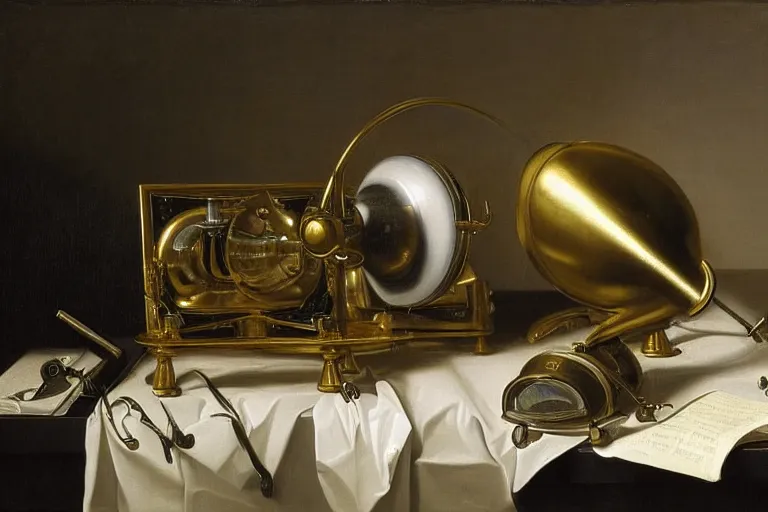 Image similar to still life painting of alien technology, by pieter claesz, oil on canvas, strong lighting, highly detailed, hyper realism, golden hour, god rays, hd, 4 k