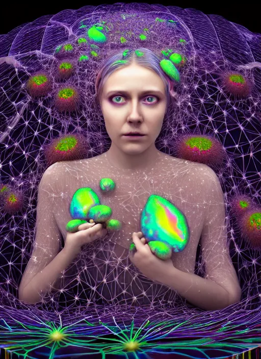 Prompt: hyper detailed 3d render like a Oil painting - Aurora (evocative cyberpunk and oil rainbow faced Singer) seen Eating of the Strangling network of milky Fruit and Her delicate Hands hold of gossamer polyp blossoms bring iridescent fungal flowers whose spores black out the foolish stars by Jacek Yerka, Mariusz Lewandowski, Houdini algorithmic generative render, Abstract brush strokes, Masterpiece, Edward Hopper and James Gilleard, Zdzislaw Beksinski, Mark Ryden, Wolfgang Lettl, hints of Yayoi Kasuma, octane render, 8k