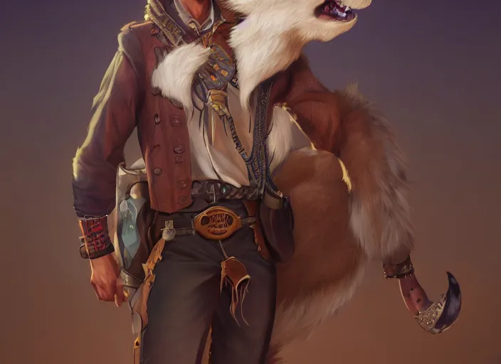 Prompt: character portrait feature of the anthro male anthropomorphic wolf fursona wearing cowboy outfit wild west desperado character design stylized by charlie bowater, ross tran, artgerm, and makoto shinkai, detailed, soft lighting, rendered in octane