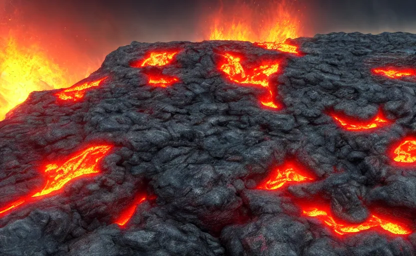 Prompt: a rocky outcrop hanging over an ocean of lava in hell, digital landscape art, fantasy concept art, 4k, trending on artstation