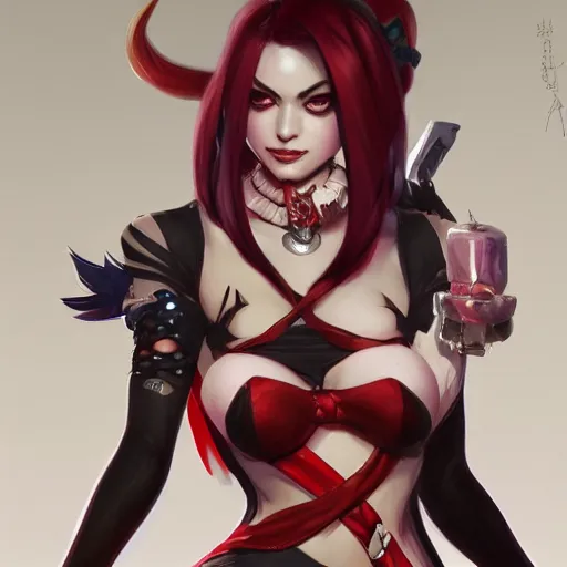 Image similar to mashup jinx from league of legends and harley quinn, intricate, elegant, highly detailed, digital painting, artstation, concept art, smooth, sharp focus, illustration, art by artgerm and greg rutkowski and alphonse mucha