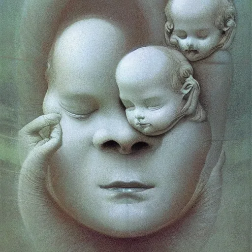 Image similar to cherub with four faces in one, by zdzislaw beksinski