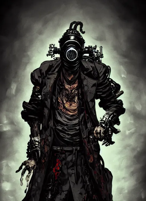 Prompt: half body portrait of an evil deity, a squid man in a gas mask and black rugged ornate trench coat oozing with smoke dark aura. in style of yoji shinkawa and hyung - tae kim, trending on artstation, dark fantasy, great composition, concept art, highly detailed, dynamic pose, vibrant colours.