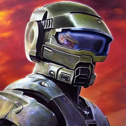 Image similar to ultra realistic portrait painting of tom selleck as master chief, art by frank frazetta, 4 k, ultra realistic, highly detailed, epic lighting