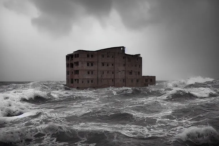 Prompt: danila tkachenko, low key lighting, an abandoned high soviet apartment building in the middle of the stormy ocean, a shipwreck, storm, lighning storm, crashing waves, dramatic lighting