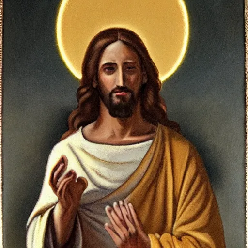 Image similar to painting of jesus holding giving two balls from each hand