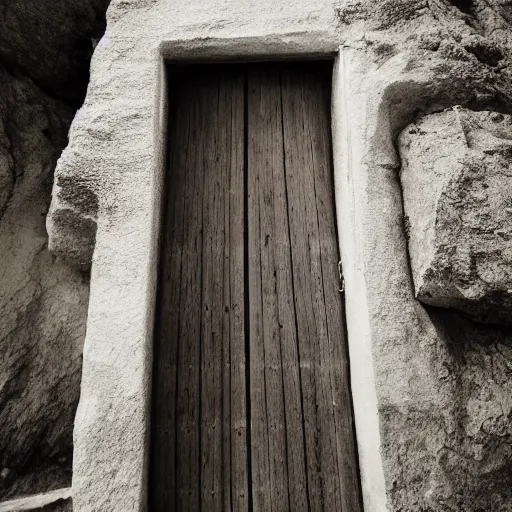 Prompt: a door in the side of a sea cliff