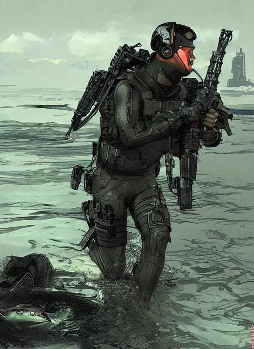 Image similar to bruce wayne. USN blackops operator emerging from water at the shoreline. Operator wearing Futuristic cyberpunk tactical wetsuit and looking at an abandoned shipyard. Frogtrooper. rb6s, MGS, and splinter cell Concept art by James Gurney, Alphonso Mucha. Vivid color scheme.