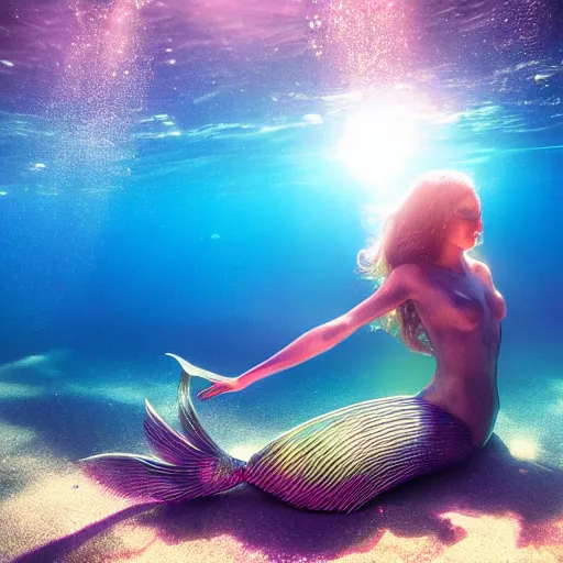 Image similar to beautiful robot mermaid in emotional movement, underwater photography and light scattering, water refractions turned out impressive imho,