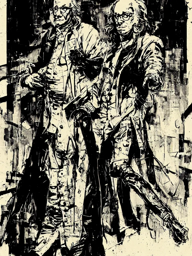 Image similar to Benjamin Franklin, full body portrait, techwear, cyberpunk, graphic design, by Ashley Wood and Jamie Hewlett