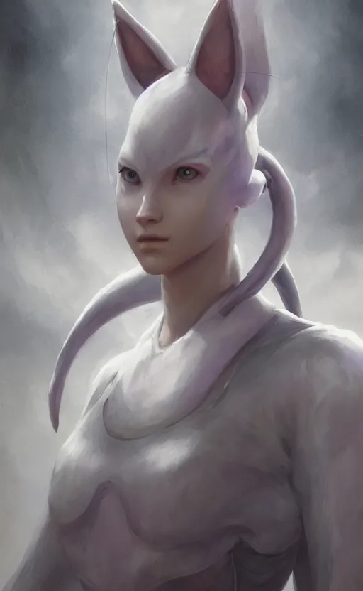 Image similar to a girl from final fantasy live action, cosplaying as mewtwo, evocative, mystical night, very very very very detailed, award winning, masterpiece digital painting by greg rutkowski, alex grey, artstation, 4 k wallpaper