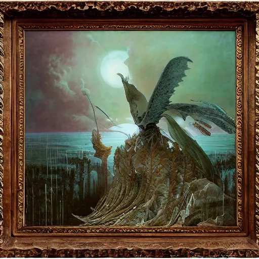 Prompt: Ellen Jewett, beautiful surreal palatial grain at dawn, gustave dore, ferdinand knab, Sandro Botticelli