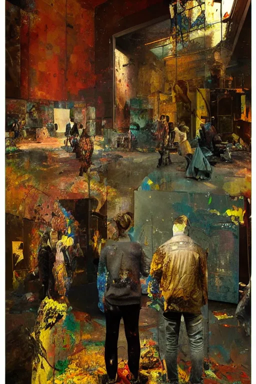 Image similar to a beautiful glitched painting by robert proch of people in front of a painting in a museum gallery, metal rust and plaster materials, pixel sorting, color bleeding, brushstrokes by jeremy mann, still life, dark colors