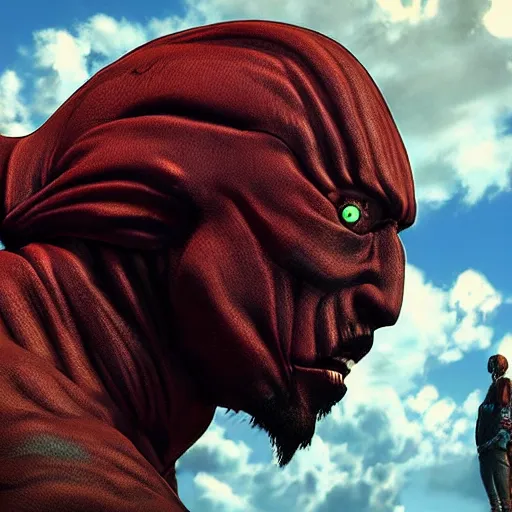 Prompt: digital artwork by Beeple of Tupac as the colossal titan from the anime \'Attack on Titan\'; unreal engine