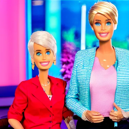 Image similar to barbie jeffrey epstein guest appearance on the elen degeneres show, plastic mannequins with cone shaped heads in the crowd, highly detailed facial expressions