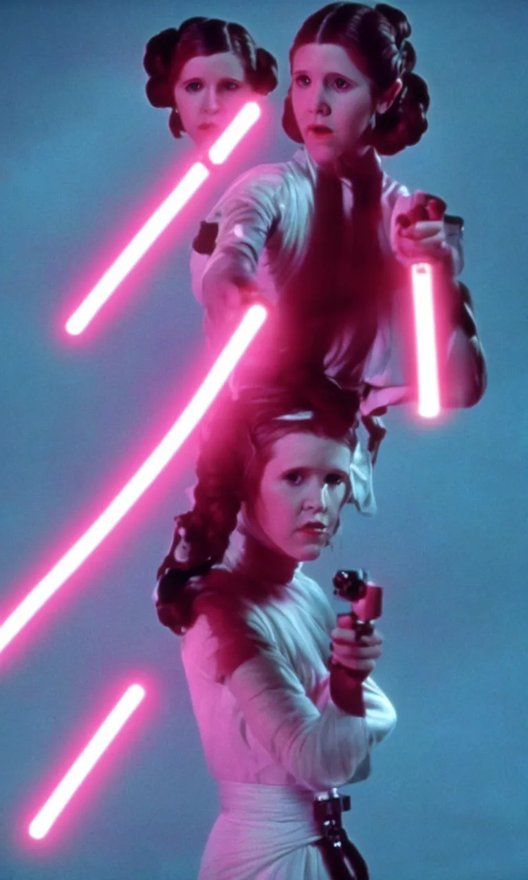 Prompt: Young Carrie Fisher as Princess Leia wielding a fuchsia light saber, ambient lighting, 8k, 35mm film still from Star Wars