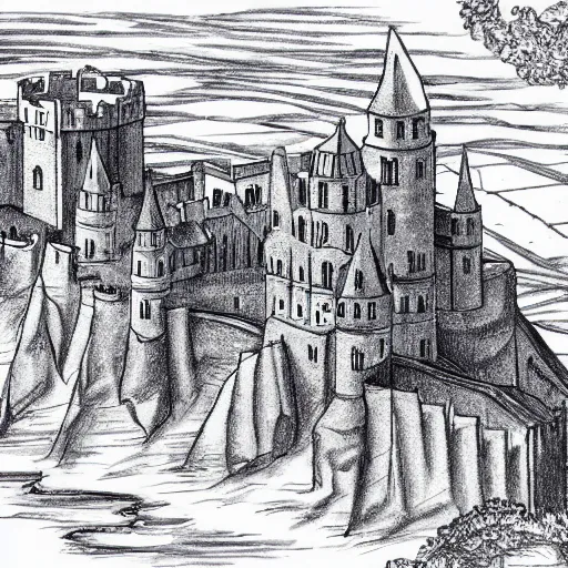 Image similar to wimmelbilder drawing of a medieval castle, highly detailed, high quality, high resolution