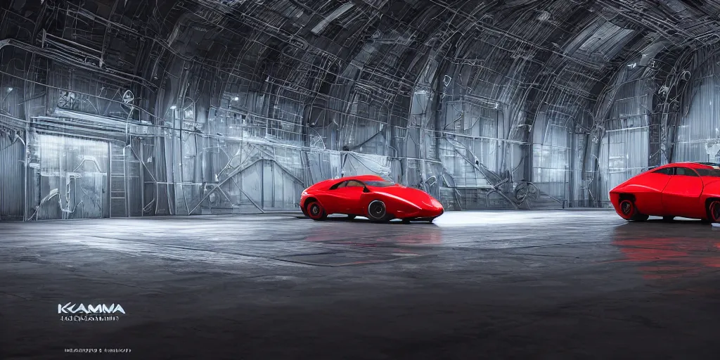 Prompt: kama russian electrocar, inside futuristic hangar, red car, sharp focus, ultra realistic, ultra high pixel detail, cinematic, intricate, cinematic light, unreal engine 8 k