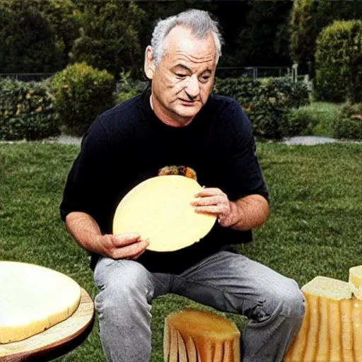 Image similar to bill murray eating a large wheel of cheese,