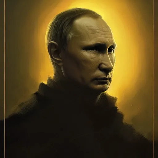 Prompt: portrait of Putin in a black cloak, glowing eyes, detailed face, highly detailed, cinematic lighting, digital art painting by greg rutkowski.