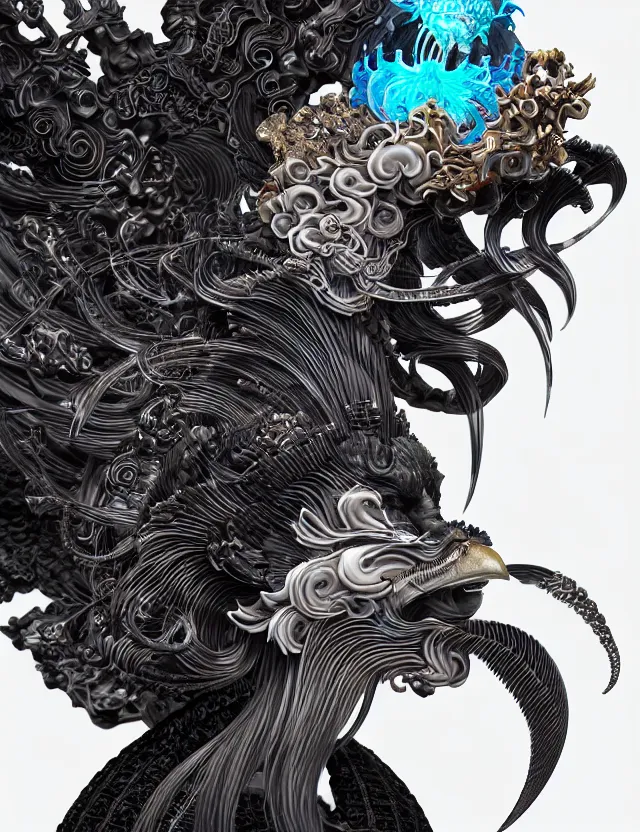 Image similar to 3 d goddess close - up profile satan biohazard portrait with crown, ram skull. beautiful intricately detailed japanese crow kitsune mask and clasical japanese kimono. betta fish, jellyfish phoenix, bio luminescent, plasma, ice, water, wind, creature, artwork by tooth wu and wlop and beeple and greg rutkowski