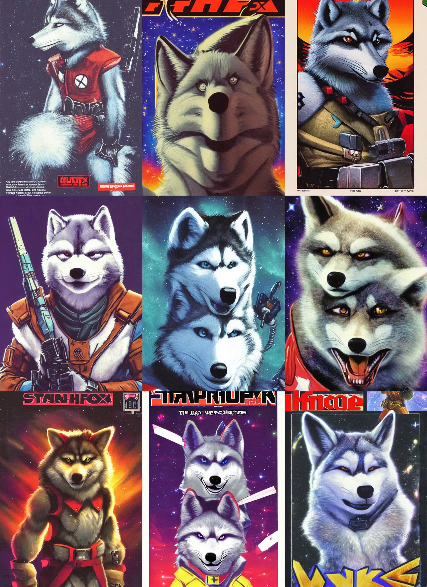 Prompt: 1 9 8 0 s video game art portrait of anthropomorphic husky from starfox fursona furry husky in a dark space mercenary uniform, looking heroic, magazine scan, 8 0 s game box art