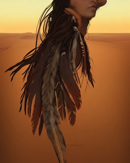 Image similar to the shadow, a gorgeous native American woman, a feather scarf, head ban with eagle feather, elk hide wrap and a bokeh western desert background at sunset, highly detailed, hard light digital painting, artstation, concept art, sharp focus, illustration, inspired by greg rutkowski and alphonse mucha and Felix Kelly