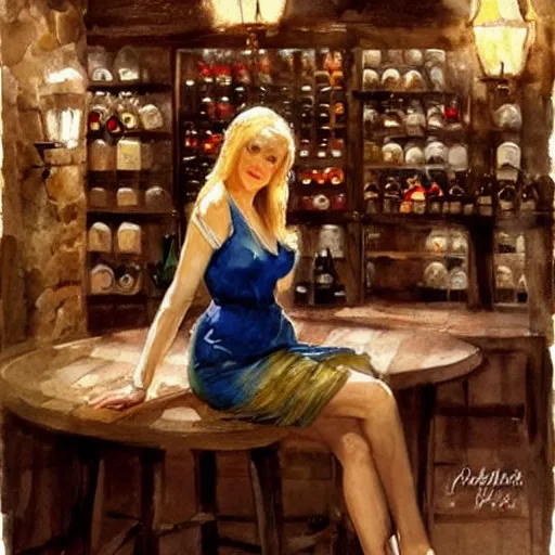 Prompt: beautiful blonde in hot dress in a wine cellar, food, pork, beer, schnapps, rustic, traditional, torches on the wall, watercolor by vladimir volegov and anders zorn, highly detailed, beautiful interior, masterpiece