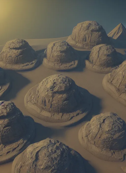 Image similar to isometric view, video game level design of a planet surface with ancient structures, Egyptian, unreal engine, Arnold render, octane render, moody, night, highly detailed, volumetric lighting, glow