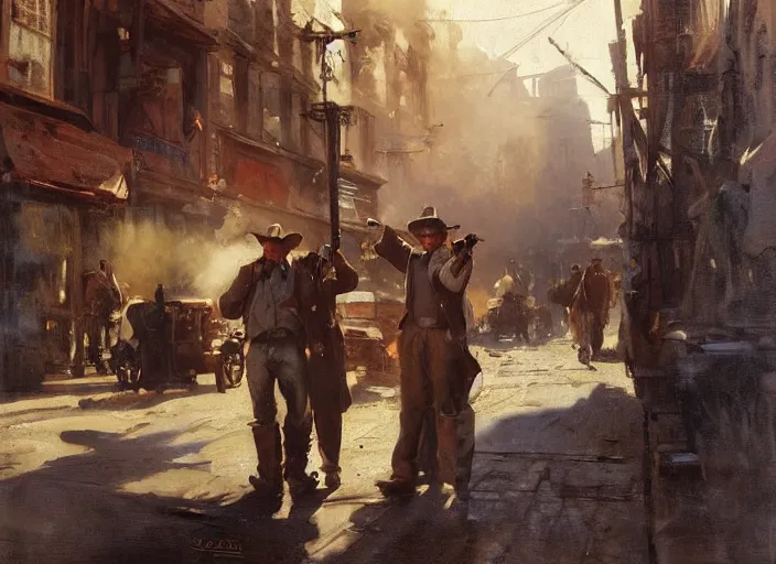 Image similar to oil painting of old rugged cowboy in wild west street, shooting revolver, shoot gun, gun smoke, art by anders zorn, wonderful masterpiece by greg rutkowski, beautiful cinematic light, american romanticism by greg manchess, reflections in copper, sunlight, dust and steam