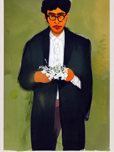 Prompt: water color painting, artwork by saul leiter, of a solo individual portrait of an indian guy holding lilies, dapper, simple illustration, domestic, nostalgic, full of details, matte painting, trending on artstation and unreal engine