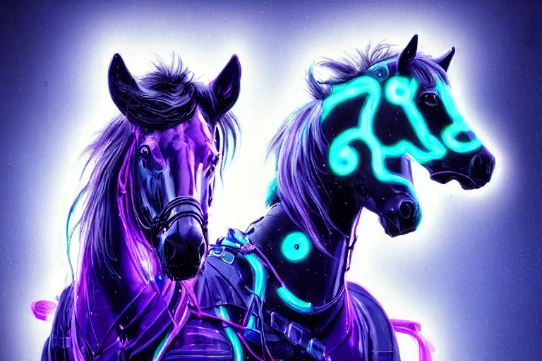 Image similar to a beautiful portrait of a cute cyberpunk horse with bioluminescent mane by sandra chevrier and greg rutkowski and wlop, purple blue color scheme, vaporware, retro, outrun, high key lighting, volumetric light, digital art, highly detailed, fine detail, intricate, ornate, complex, octane render, unreal engine, photorealistic