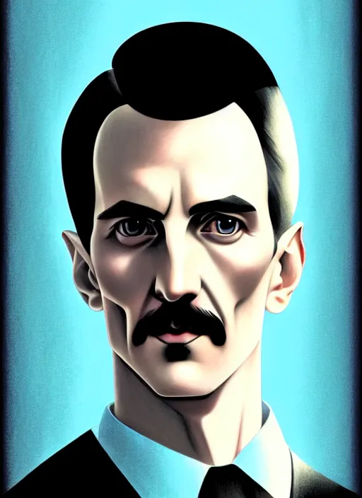 Image similar to a comic portrait of nikola tesla, fine - face, realistic shaded perfect face, fine details, jewelry, night setting. very anime style. realistic shaded lighting poster by ilya kuvshinov katsuhiro, magali villeneuve, artgerm, jeremy lipkin and michael garmash, rob rey and kentaro miura style, trending on art station