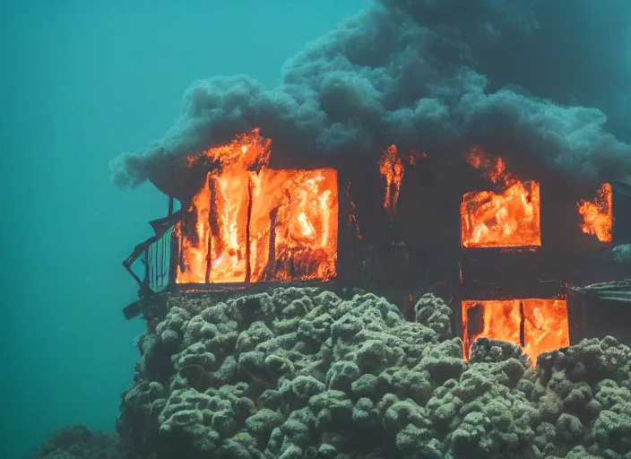 Image similar to dslr photo still of a house on fire under water at the bottom of the ocean, 8 5 mm f 1. 8